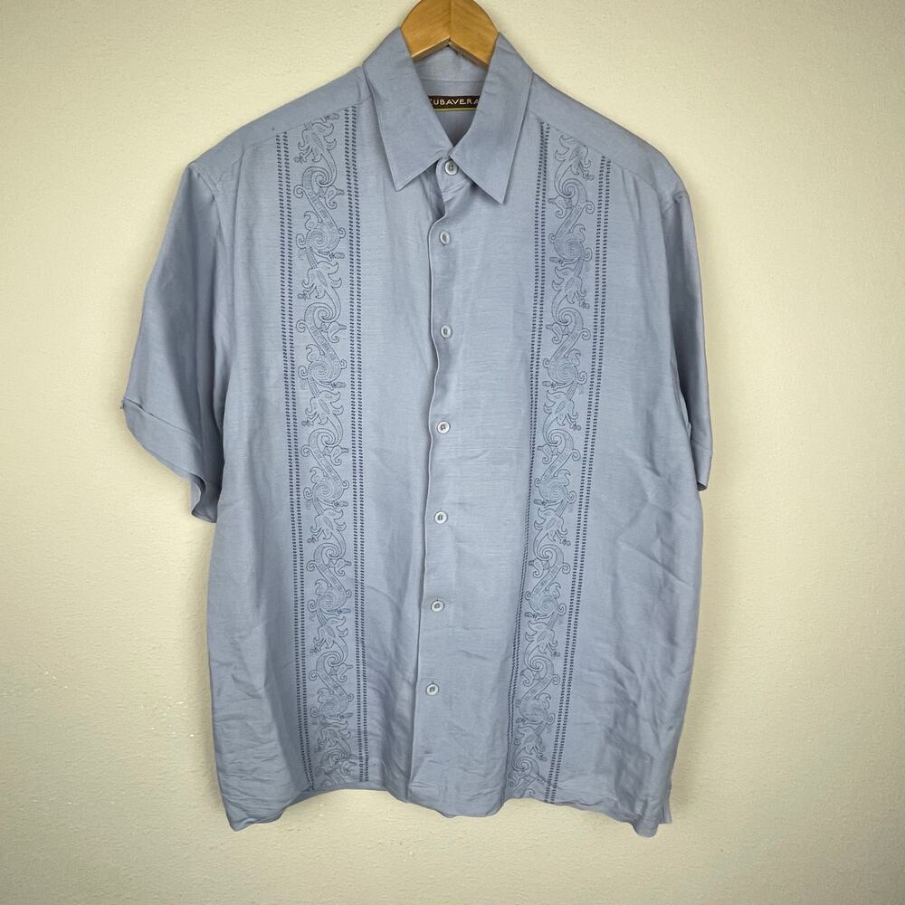 Cubavera Men's Short Sleeve Button-Up Shirt – Size L – Blue Paisley Panel Design